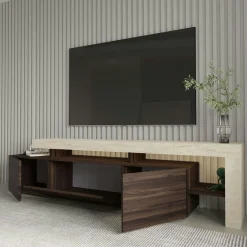 Meuble TV 3 portes décor noyer travertin cadre ouvert AURA