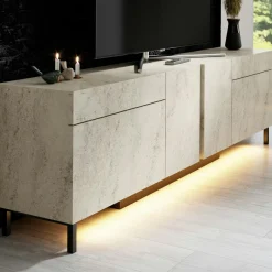 Meuble TV 4 portes décor travertin LED à télécommande AURA