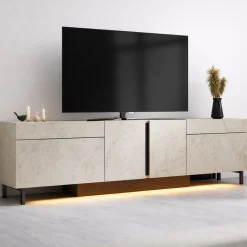Meuble TV 4 portes décor travertin LED à télécommande AURA