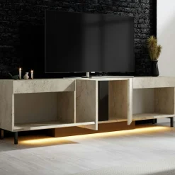 Meuble TV 4 portes décor travertin LED à télécommande AURA