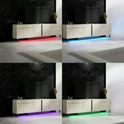 Meuble TV 4 portes décor travertin LED à télécommande AURA