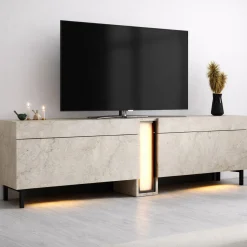 Meuble TV 2 portes décor travertin à colonne LED AURA