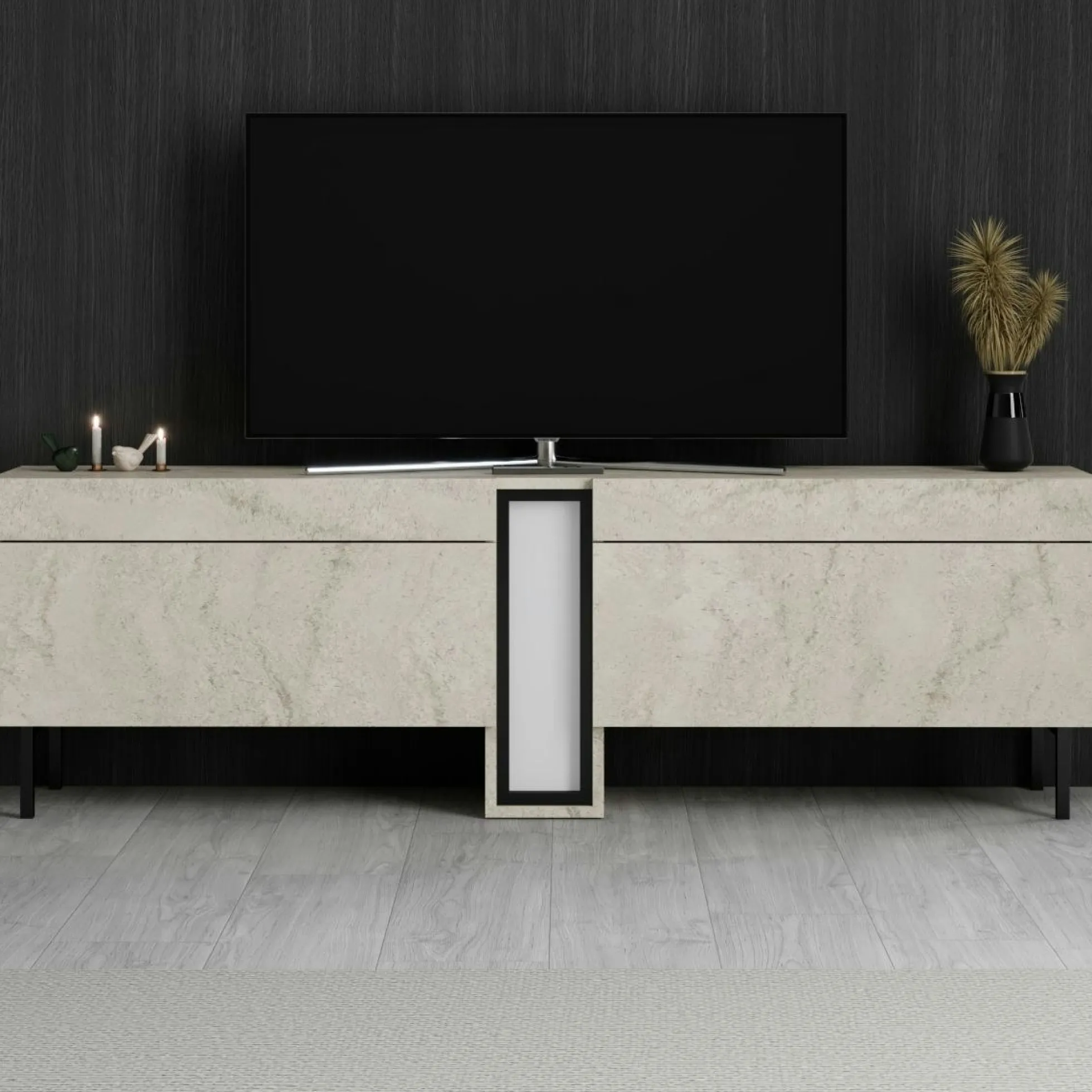 Meuble TV 2 portes décor travertin à colonne LED AURA