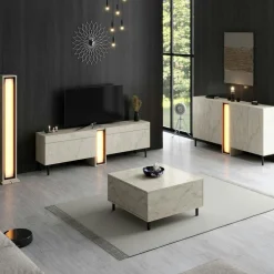 Meuble TV 2 portes décor travertin à colonne LED AURA