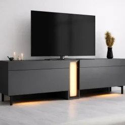 Meuble TV 2 portes gris foncé colonne LED télécommande AURA