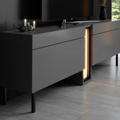 Meuble TV 2 portes gris foncé colonne LED télécommande AURA
