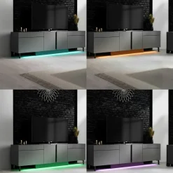 Meuble TV 4 portes gris foncé LED à télécommande AURA