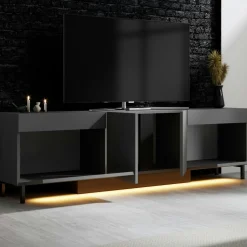 Meuble TV 4 portes gris foncé LED à télécommande AURA