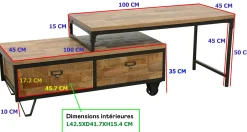 Meuble TV à roulettes en 2 parties, 2 tiroirs, 1 grand plateau en Hévéa recyclé naturel et métal 100x45x50cm LOFT