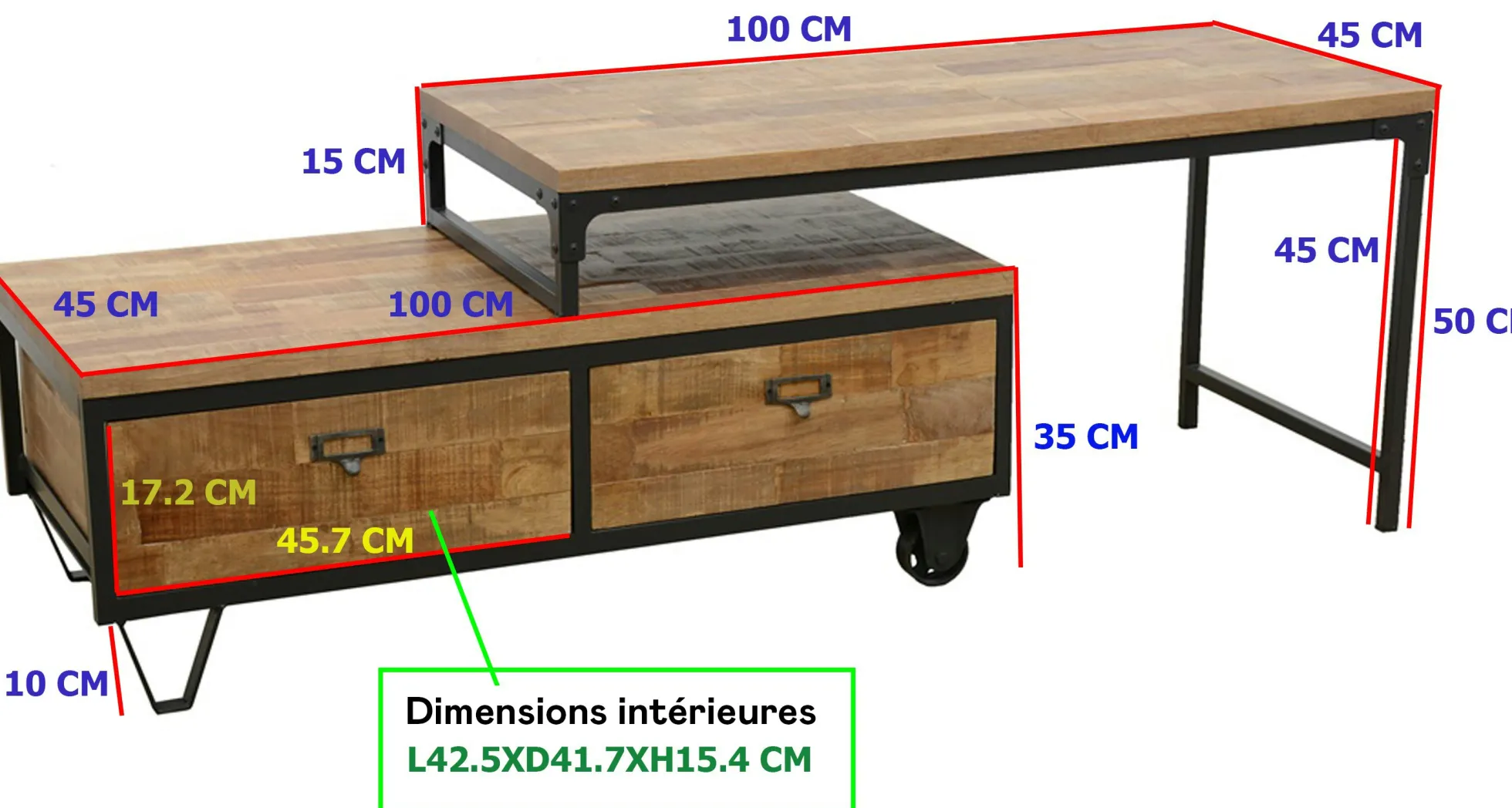 Meuble TV à roulettes en 2 parties, 2 tiroirs, 1 grand plateau en Hévéa recyclé naturel et métal 100x45x50cm LOFT