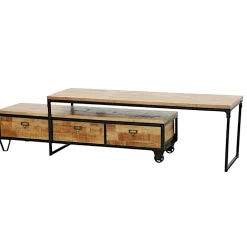 Meuble TV à roulettes en 2 parties, 3 tiroirs, 1 grand plateau en Hévéa recyclé naturel et métal 150x45x50cm LOFT