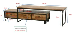 Meuble TV à roulettes en 2 parties, 3 tiroirs, 1 grand plateau en Hévéa recyclé coloré et métal 150x45x50cm LOFT COLORS