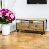 Meuble TV à roulettes 1 porte, 2 tiroirs, 2 niches en Hévéa recyclé naturel et métal 120x50x60cm LOFT