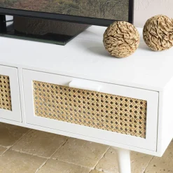 Meuble TV scandinave bois blanc 3 tiroirs rotin CALVIA