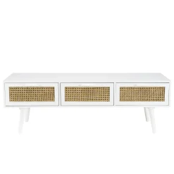 Meuble TV scandinave bois blanc 3 tiroirs rotin CALVIA