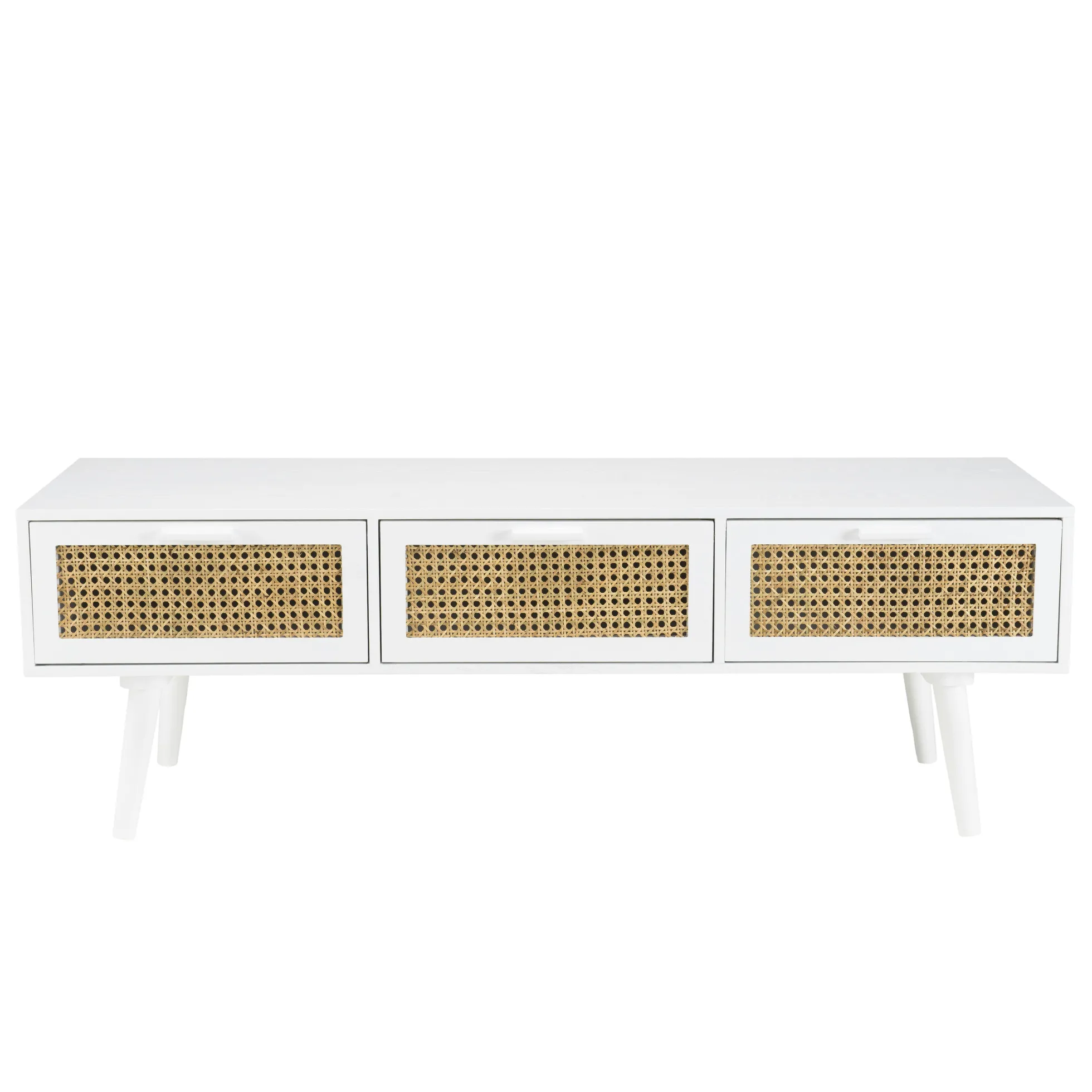 Meuble TV scandinave bois blanc 3 tiroirs rotin CALVIA