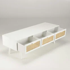 Meuble TV scandinave bois blanc 3 tiroirs rotin CALVIA