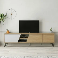 Meuble TV scandinave décor bois clair 1 porte blanche JENA