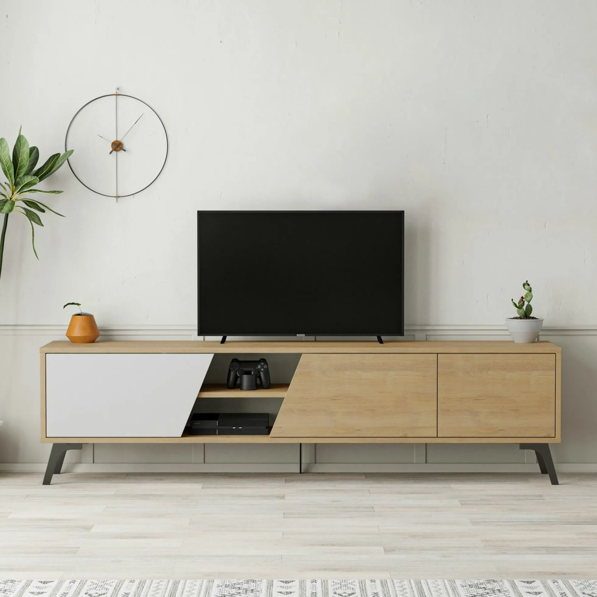 Meuble TV scandinave décor bois clair 1 porte blanche JENA