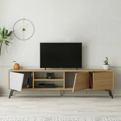 Meuble TV scandinave décor bois clair 1 porte blanche JENA