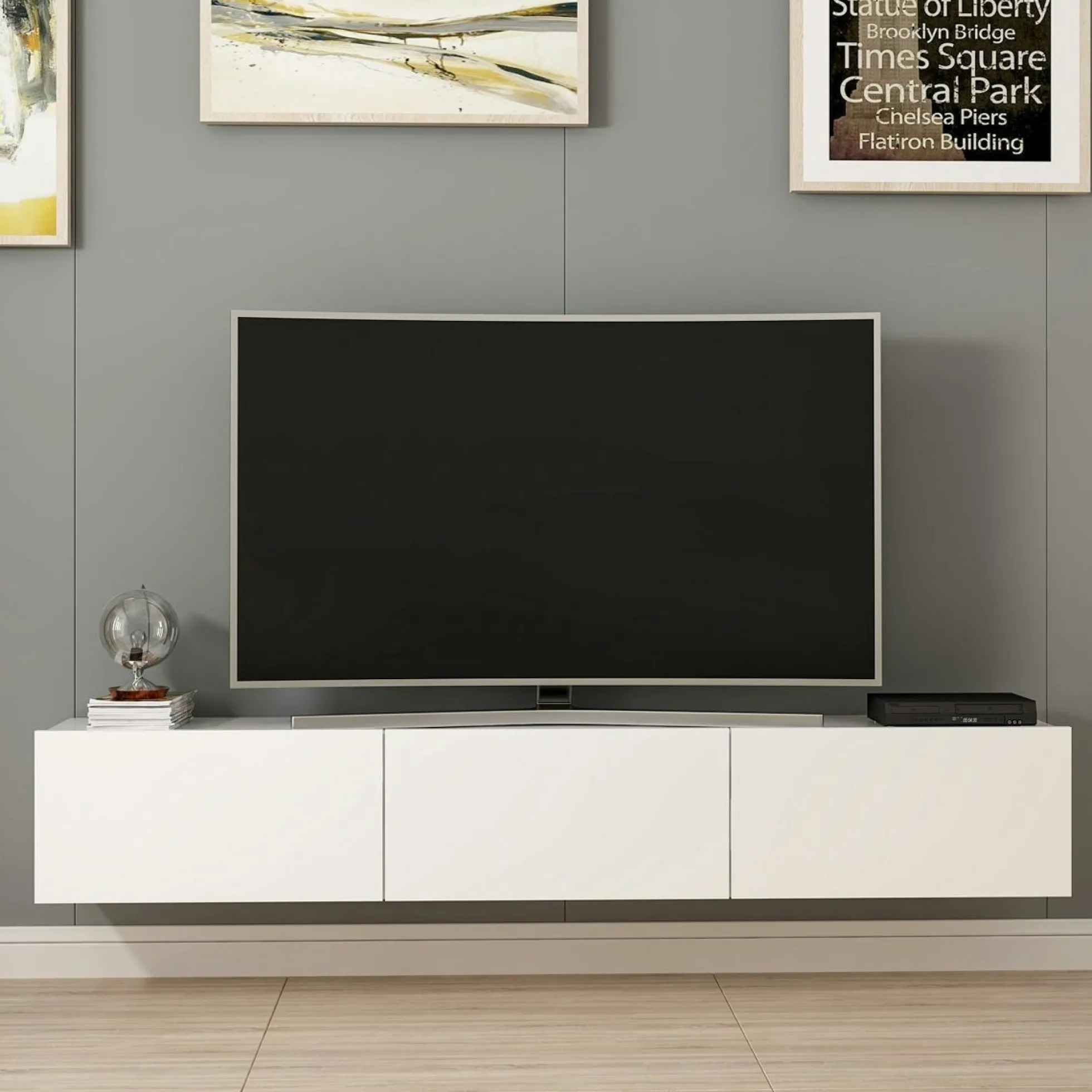 Meuble TV suspendu blanc 3 portes abattantes MARFA