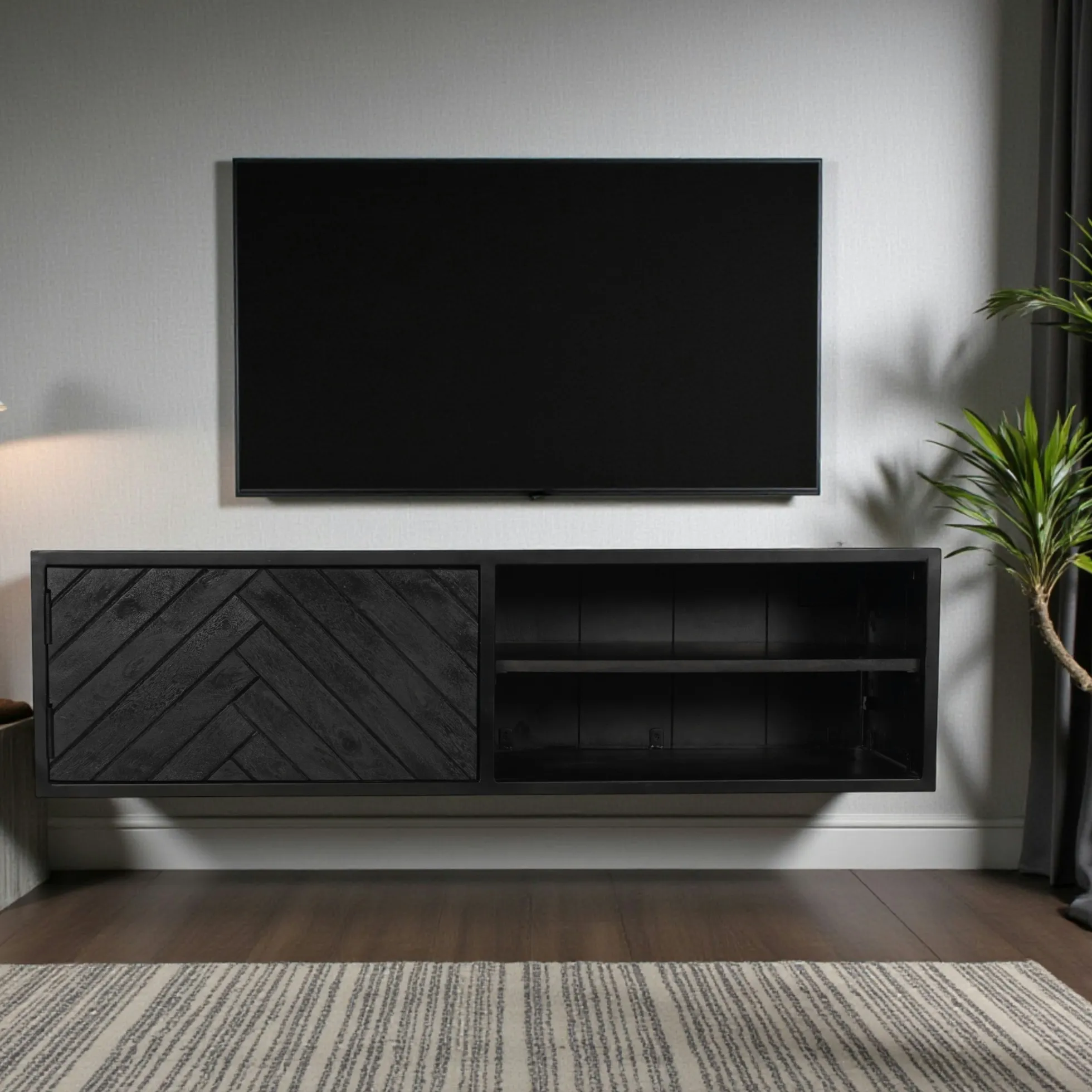 Meuble TV suspendu bois noir avec rangement 120 cm ALVERA