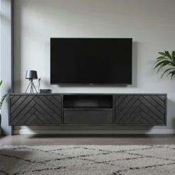 Meuble TV suspendu bois noir avec rangement 160 cm ALVERA