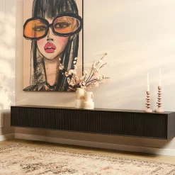 Meuble TV suspendu bois noir 4 portes rainurées 240 cm CORTINA