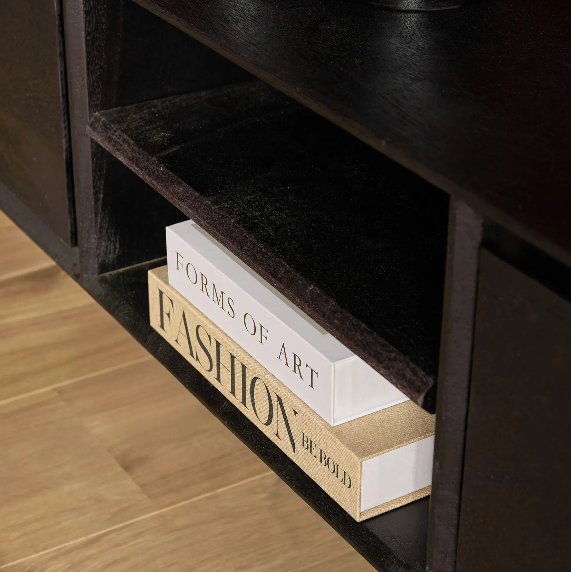 Meuble TV suspendu bois noir 2 tiroirs 1 niche AERA