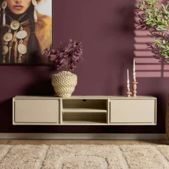 Meuble TV suspendu bois sable 2 tiroirs 1 niche AERA