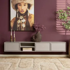 Meuble TV suspendu bois taupe 3 tiroirs 1 niche 200 cm AERA