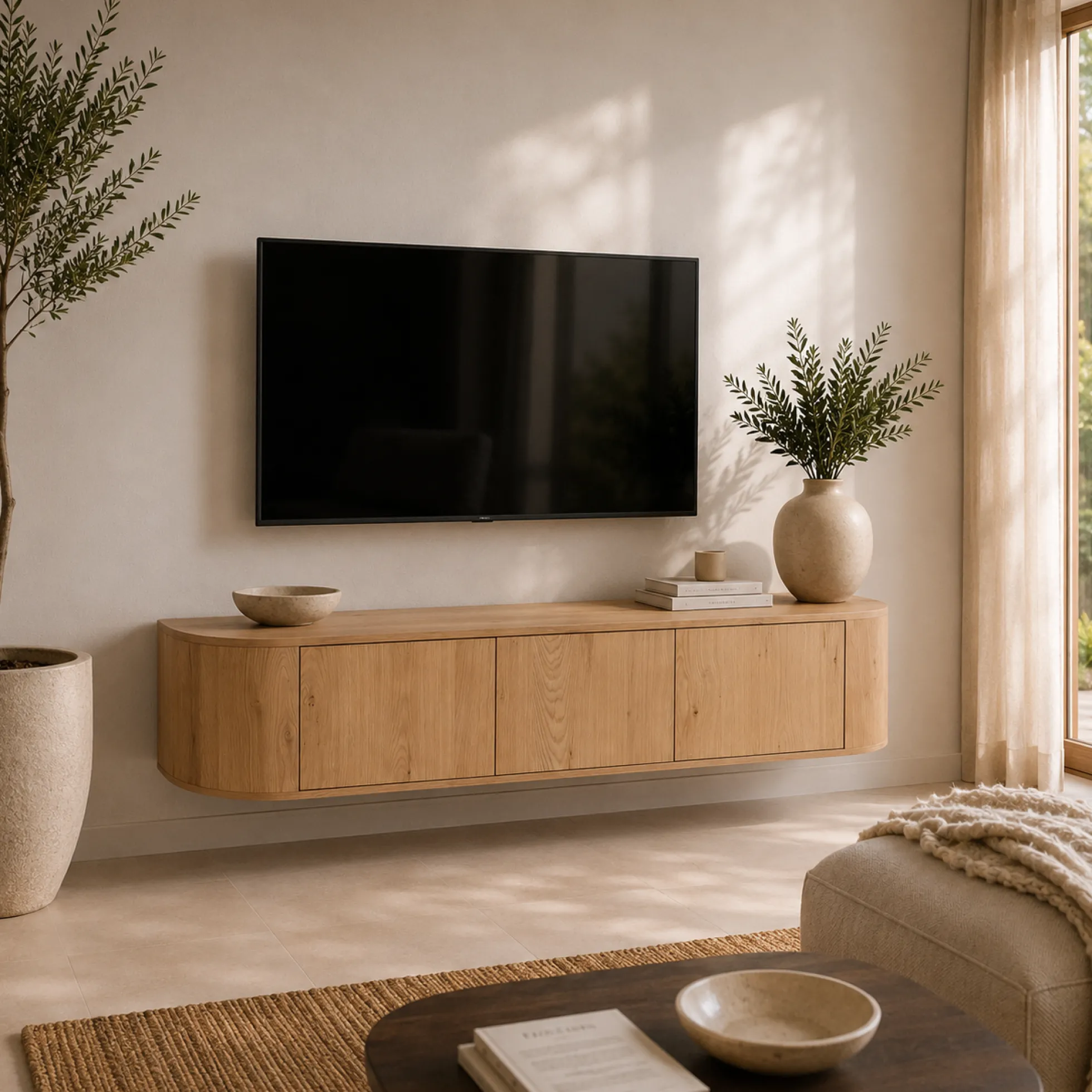 Meuble TV suspendu en chêne clair 3 portes LOREN