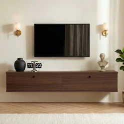 Meuble TV suspendu 2 portes décor noyer 140 cm MARFA