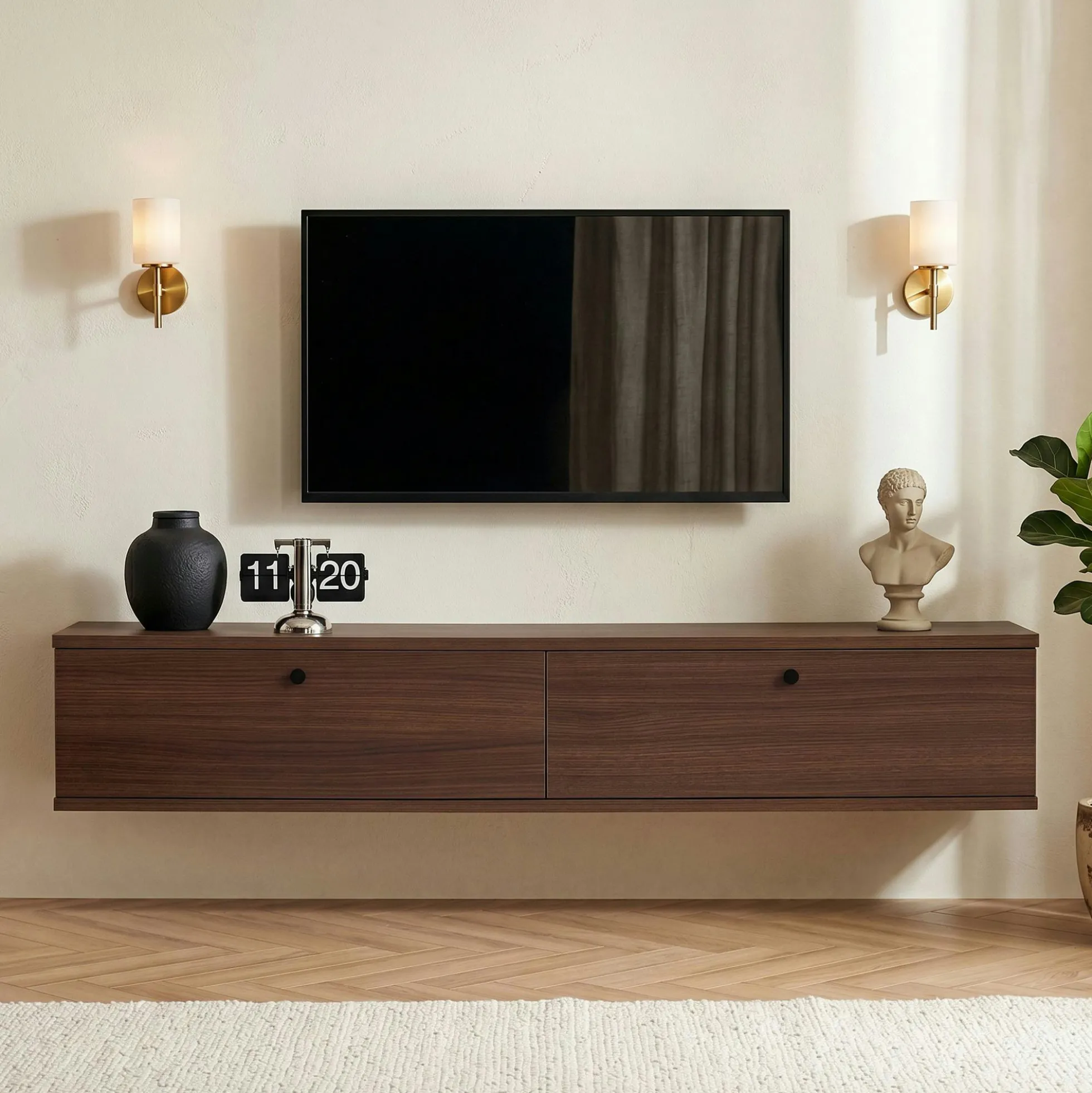 Meuble TV suspendu 2 portes décor noyer 140 cm MARFA