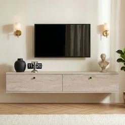 Meuble TV suspendu 2 portes décor travertin 140 cm MARFA