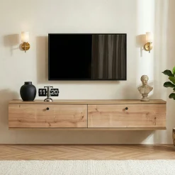 Meuble TV suspendu 2 portes décor chêne 140 cm MARFA