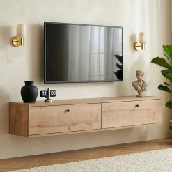 Meuble TV suspendu 2 portes décor chêne 140 cm MARFA
