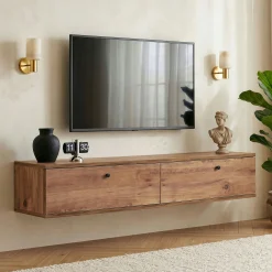 Meuble TV suspendu 2 portes décor pin 140 cm MARFA