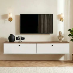 Meuble TV suspendu 2 portes décor pin et blanc 140 cm MARFA