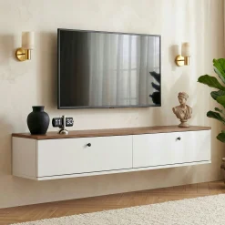 Meuble TV suspendu 2 portes décor pin et blanc 140 cm MARFA