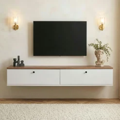 Meuble TV suspendu 2 portes décor pin et blanc MARFA