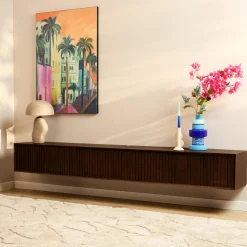 Meuble TV suspendu vintage 4 portes rainurées 240 cm CORTINA