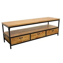 Meuble TV 3 tiroirs, 1 grande niche ouverte en Hévéa recyclé naturel et métal 150x45x50cm LOFT
