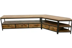 Meuble TV 3 tiroirs, 1 grande niche ouverte en Hévéa recyclé naturel et métal 150x45x50cm LOFT