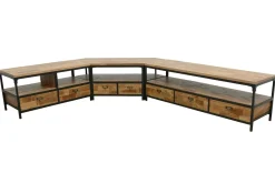 Meuble TV 3 tiroirs, 1 grande niche ouverte en Hévéa recyclé naturel et métal 150x45x50cm LOFT