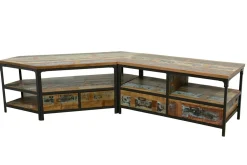 Meuble TV 2 tiroirs, 2 niches ouvertes en Hévéa recyclé coloré et métal 100x45x50cm LOFT COLORS