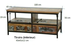 Meuble TV 2 tiroirs, 2 niches ouvertes en Hévéa recyclé coloré et métal 100x45x50cm LOFT COLORS