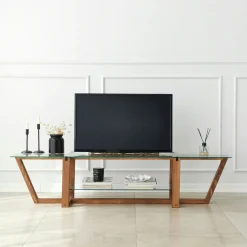 Meuble TV verre trempé bois foncé - 158 cm 2 niveaux LHASA