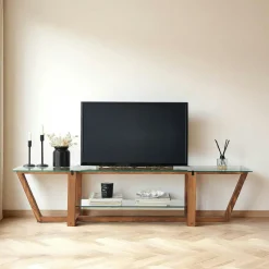 Meuble TV verre trempé bois foncé - 158 cm 2 niveaux LHASA