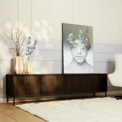 Meuble TV vintage bois brun 4 portes rainurées 210 cm CORTINA
